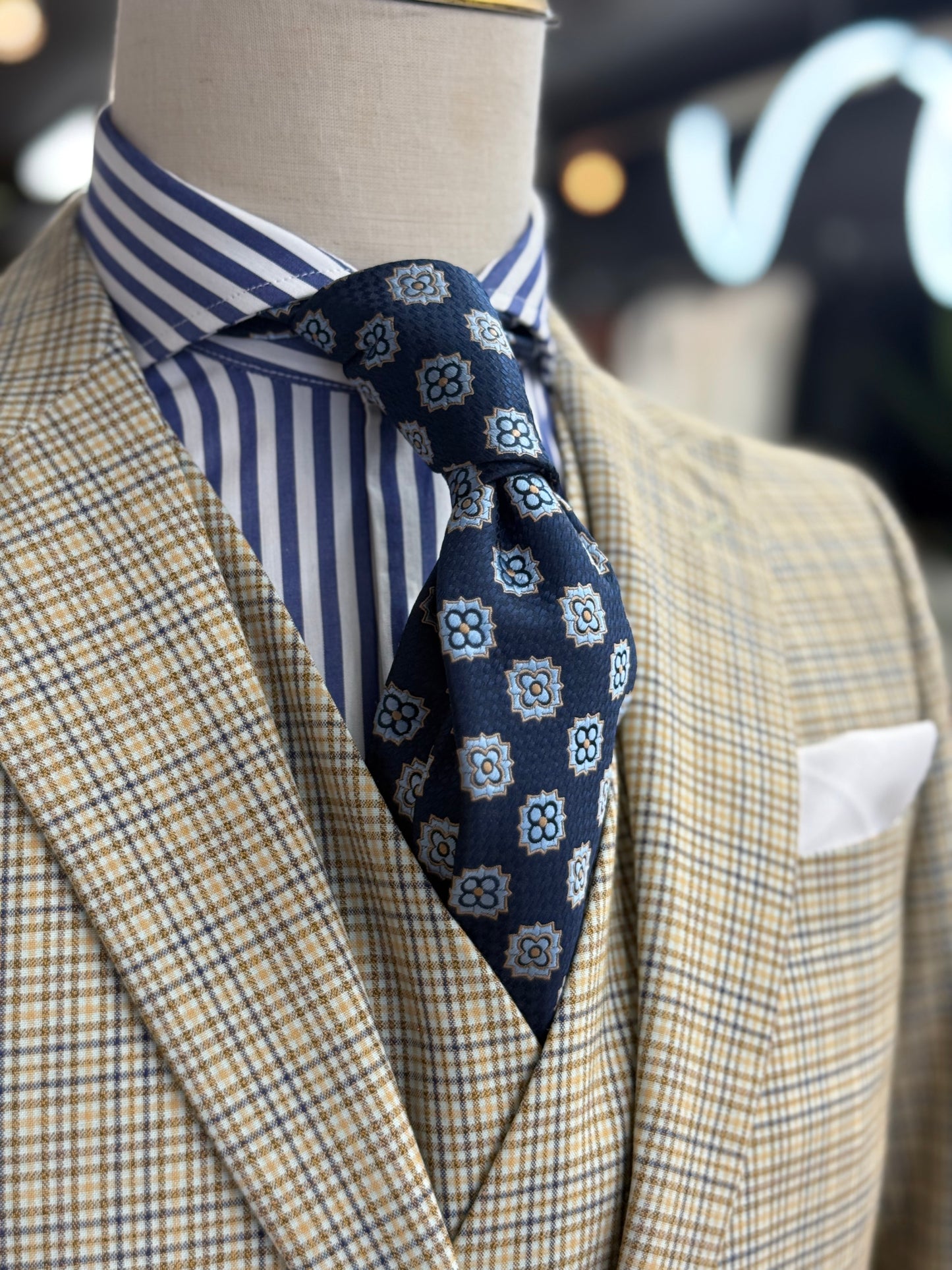 Necktie Navy, ligth Blue and Gold  Medallion