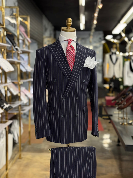 Regent Navy Pinstripe Double-Breasted Suit 100% Linen