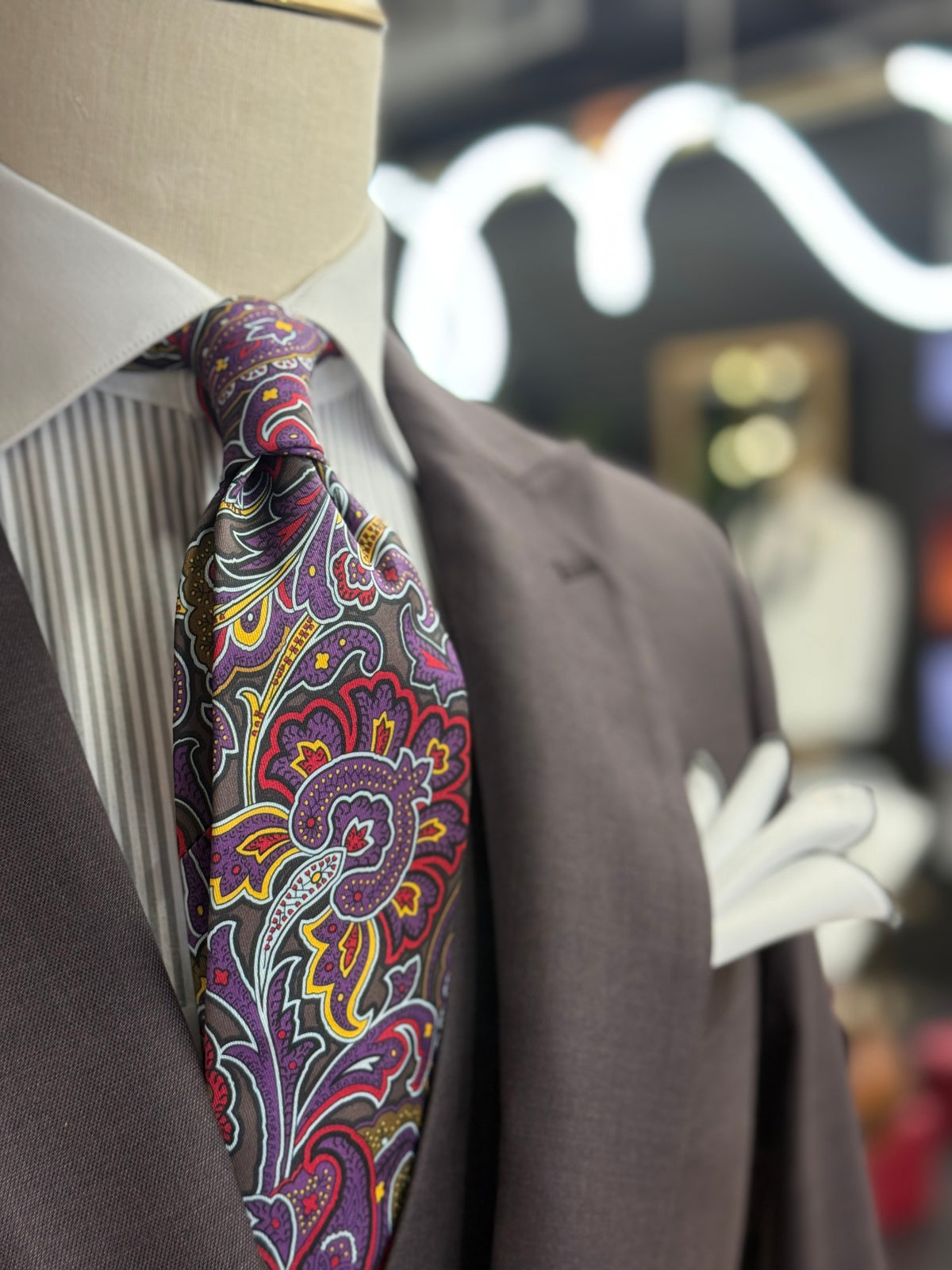 Necktie Bold Paisley Purple pattern with charcoal, red, gold, and ivory