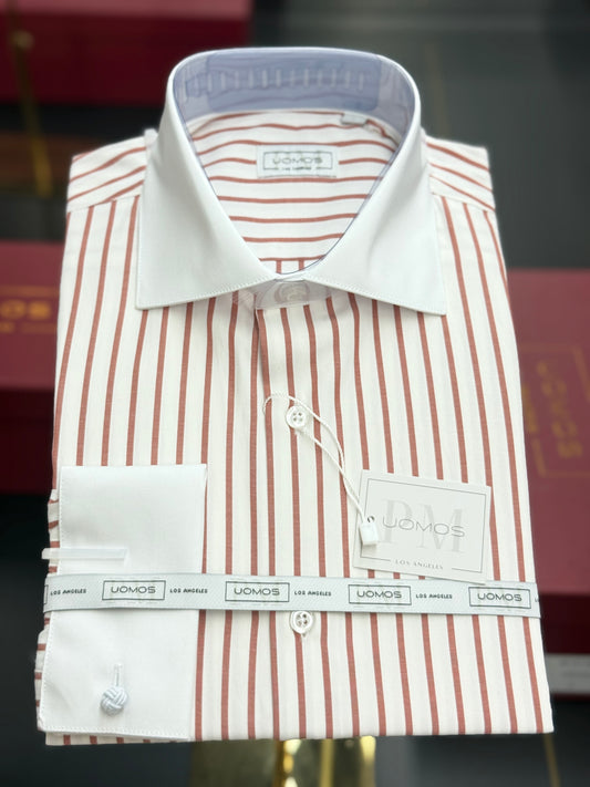 White spread collar / Rust striped cotton shirt slim