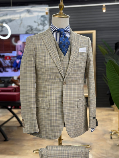 Light Beige with Blue & Brown Check Pattern Three Pieces Vested Suit