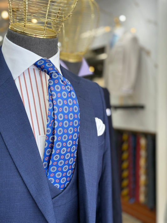Necktie Royal blue / Red and White medallion