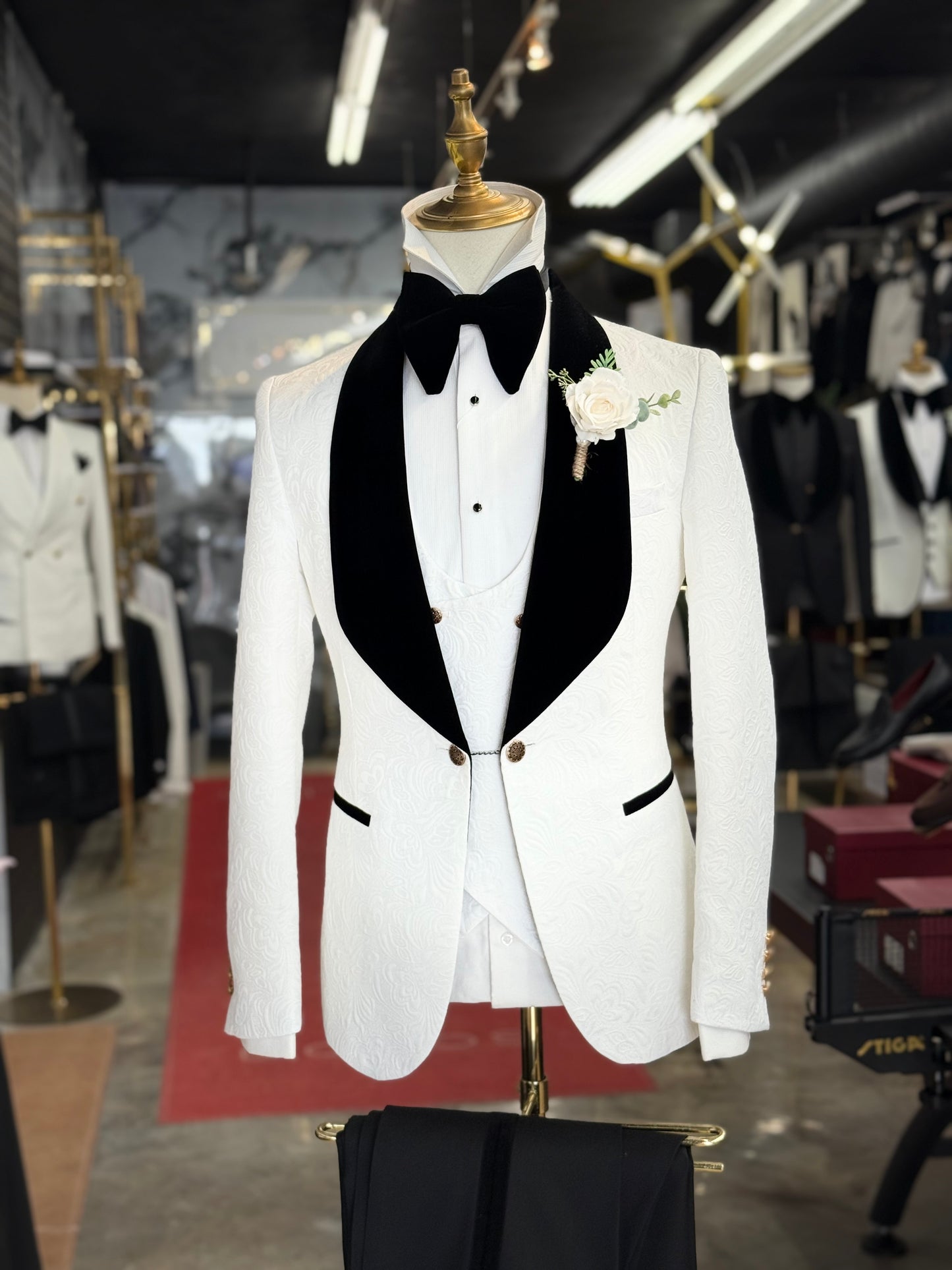 White Jacquard Jacket Black Velvet Shawl Lapel Tuxedo