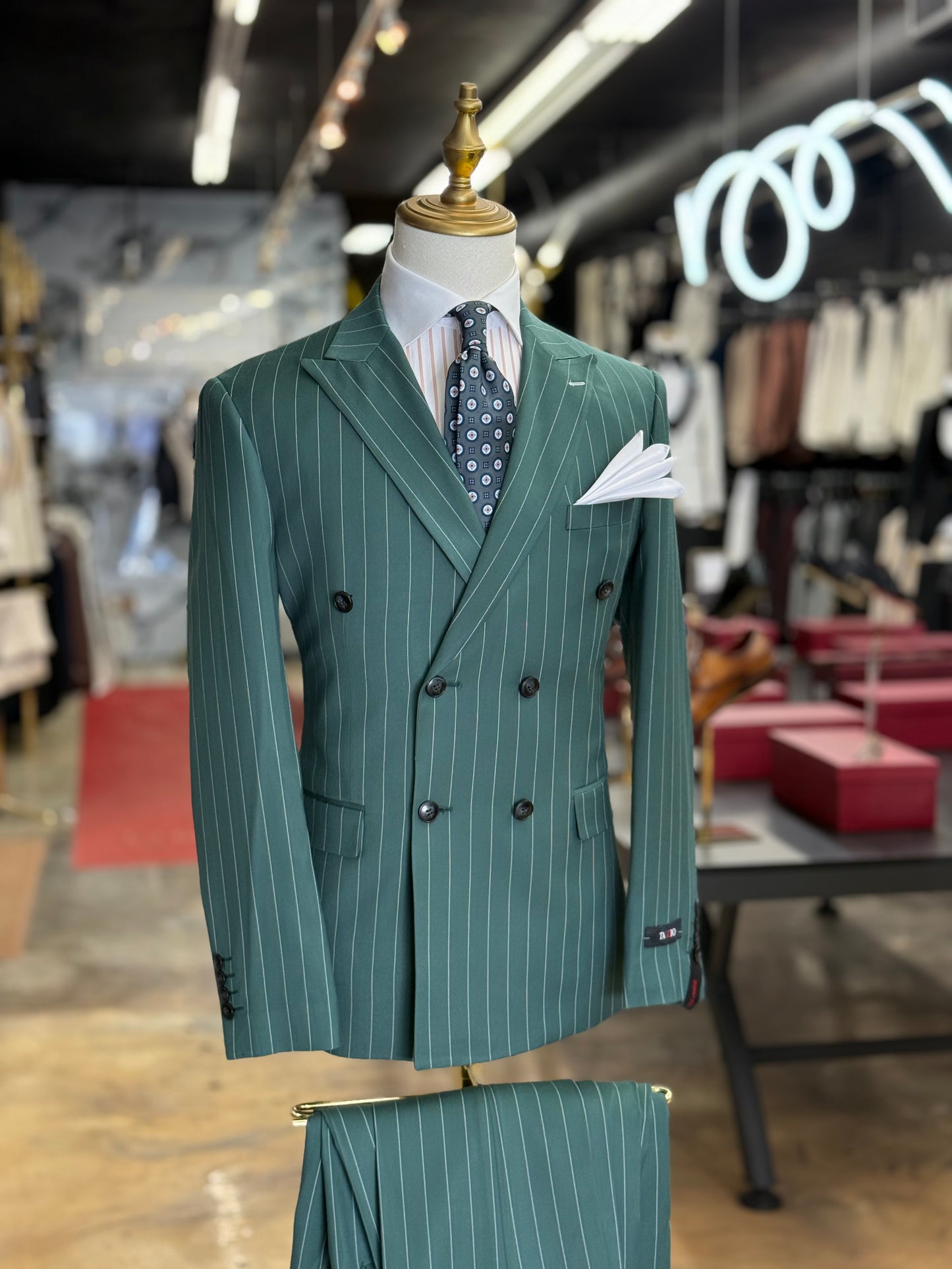 Viridian Green Double-Breasted Pinstripe Suit