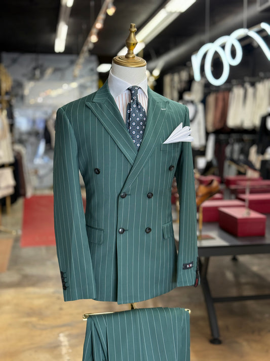 Viridian Green Double-Breasted Pinstripe Suit
