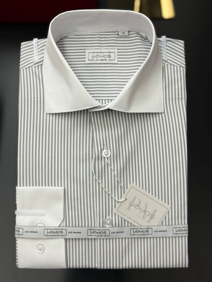 Silver Grey Stripe Contrast White Collar Shirt