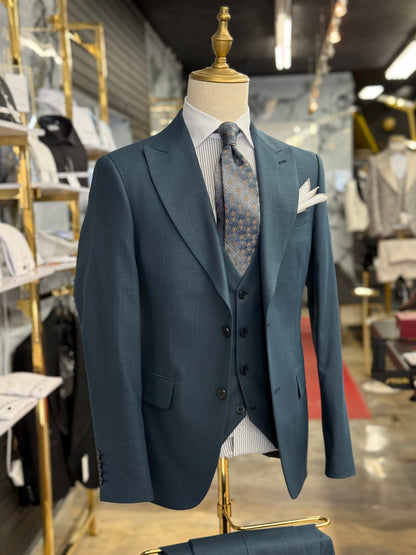 Aqua Teal Three Pieces Wide Peak Lapel Suit