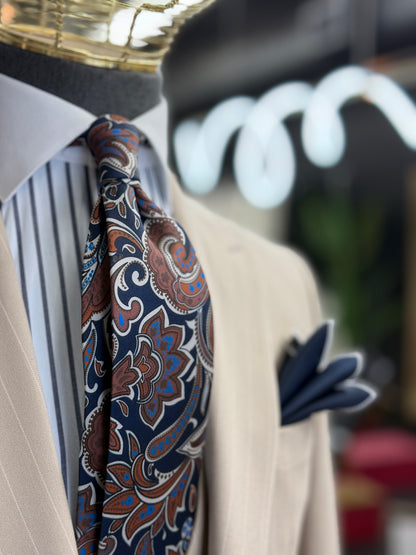 Necktie Big Paisley Mid night blue, Rust and Tan