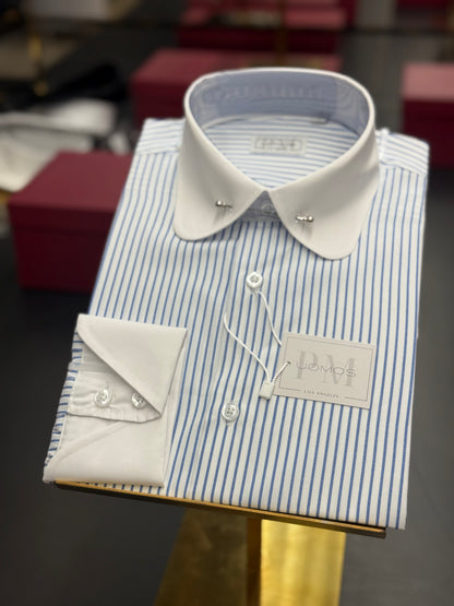 White & Blue Stripe Club Pin Collar Shirt with Neapolitan Cuffs