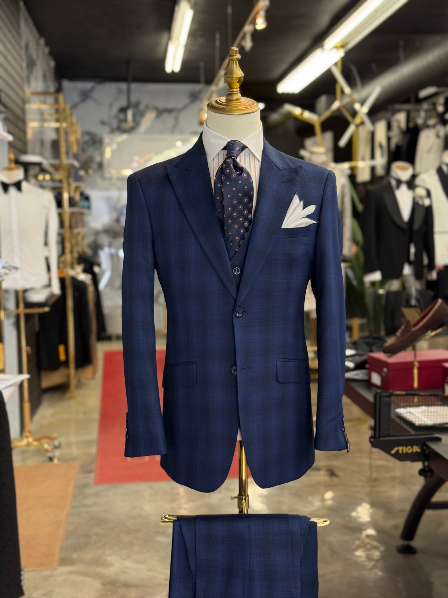 Textured Glen Check Indigo Three Pieces Vested Suit