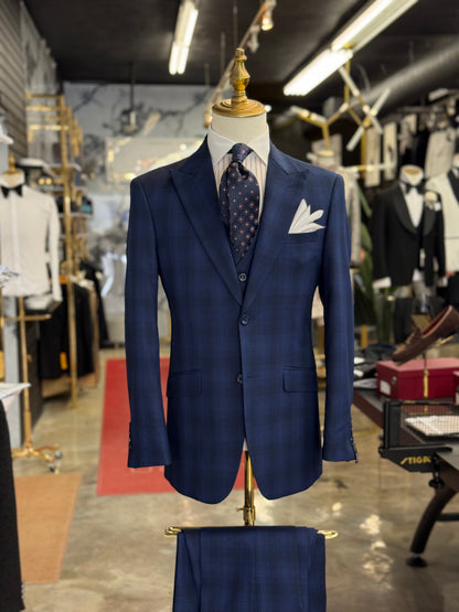 Textured Glen Check Indigo Three Pieces Vested Suit