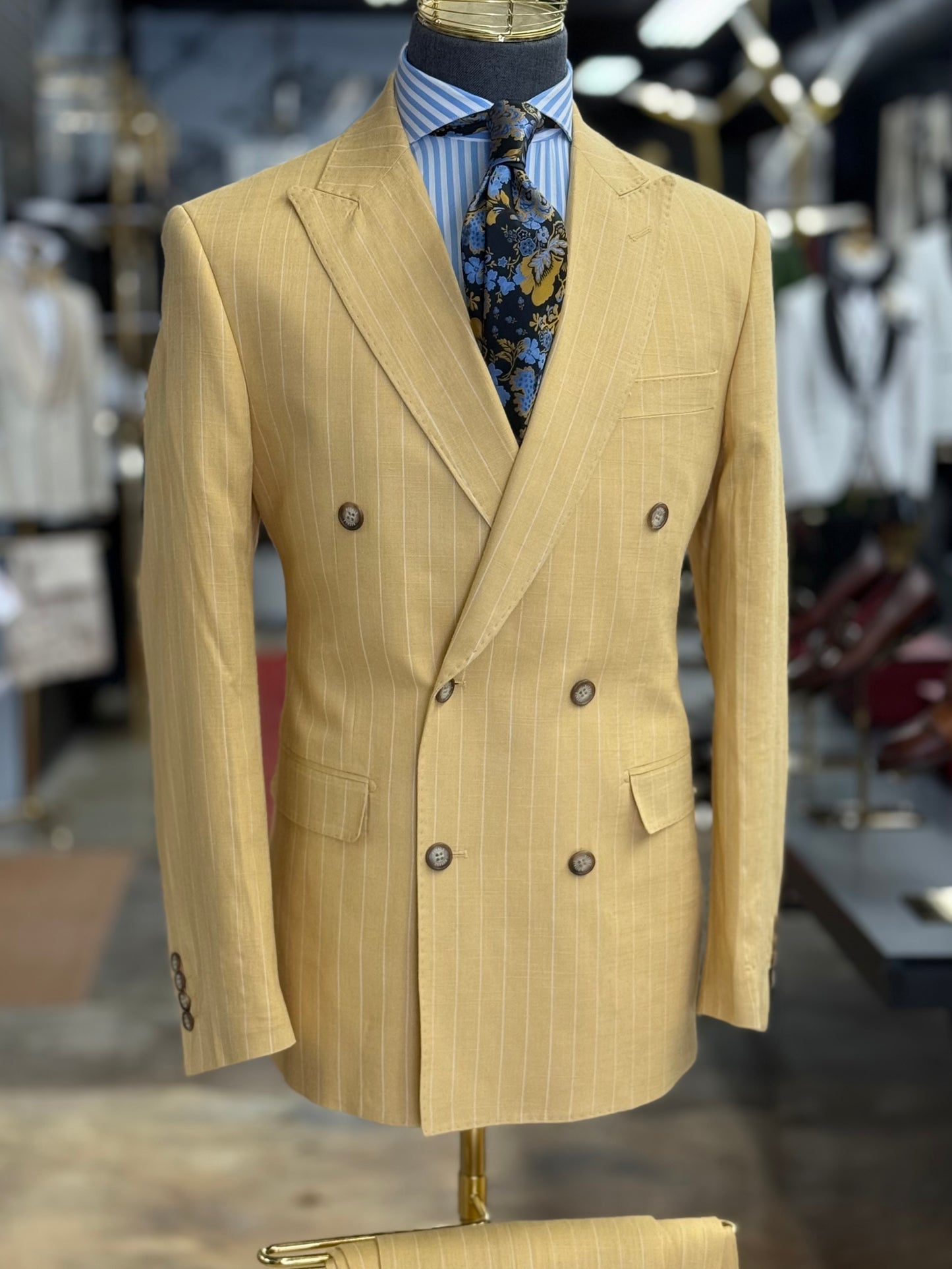 Mustard Pinstripe Double-Breasted Suit 100% Linen