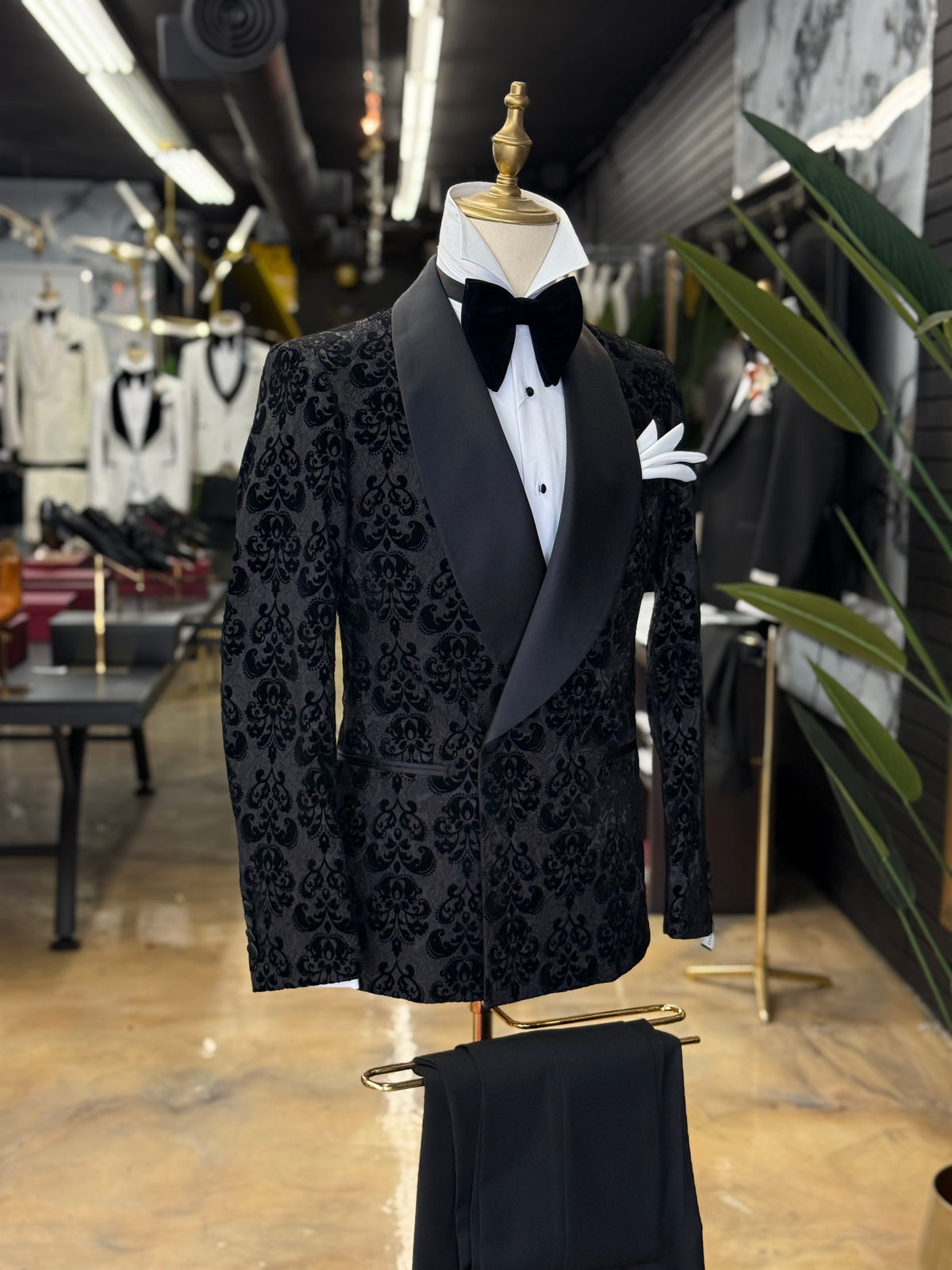 Black Damask Jacquard Tuxedo with Satin Shawl Lapel