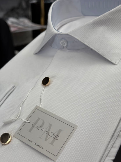 White Cotton Piqué Tuxedo Shirt with Gold Buttons