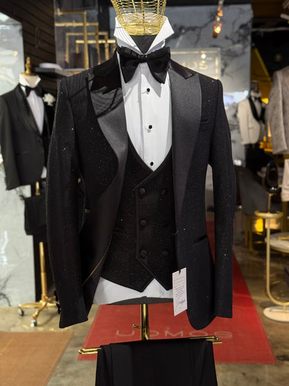 Black Glitter Peak Lapel Tuxedo – Luxury 3 Piece
