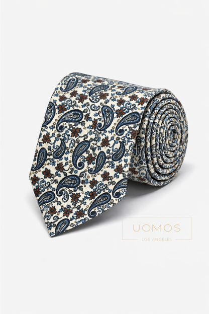 Necktie Mid Paisley White, Blue and Brown