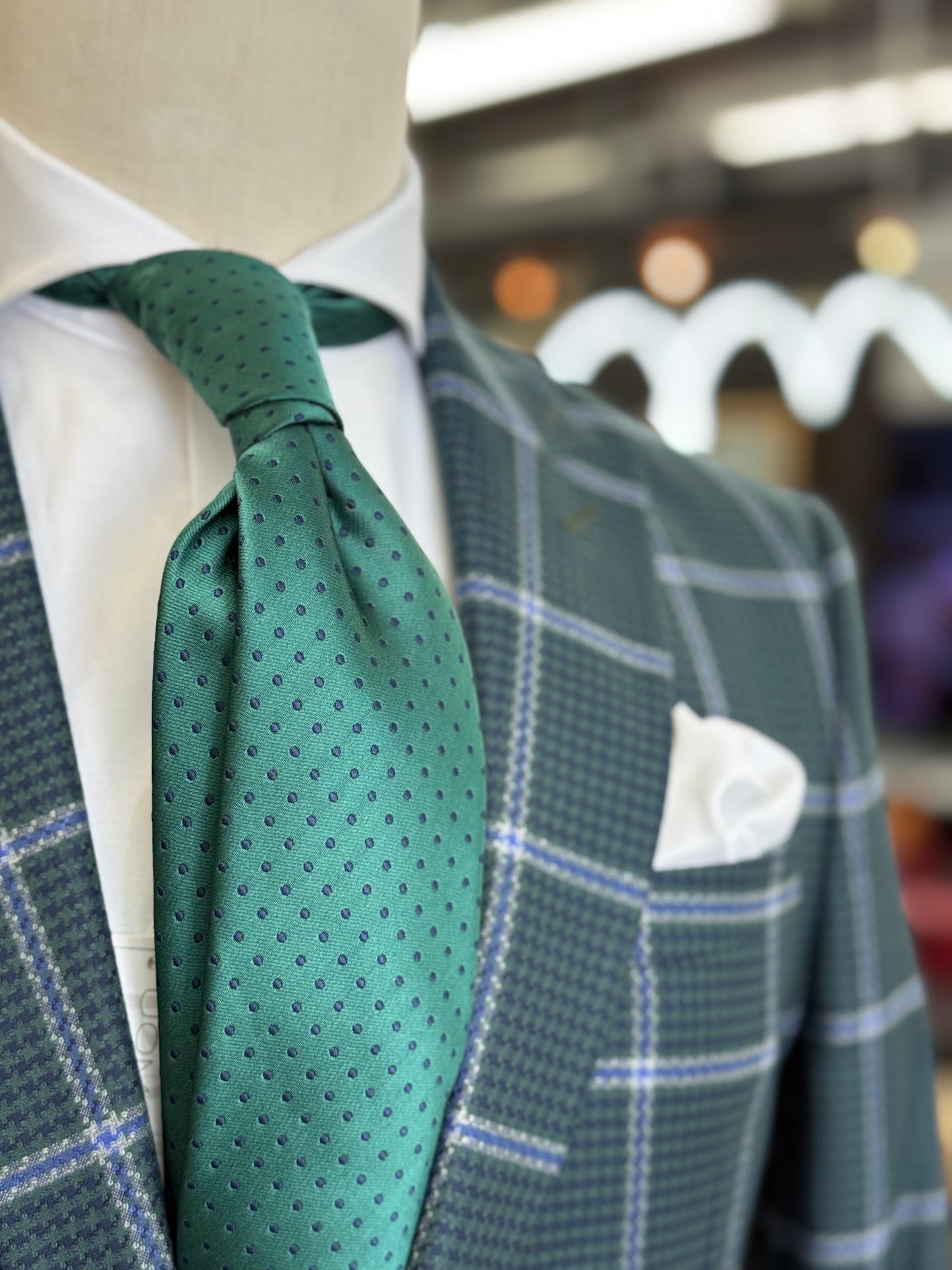 Necktie Emerald Green and navy mini polka dots