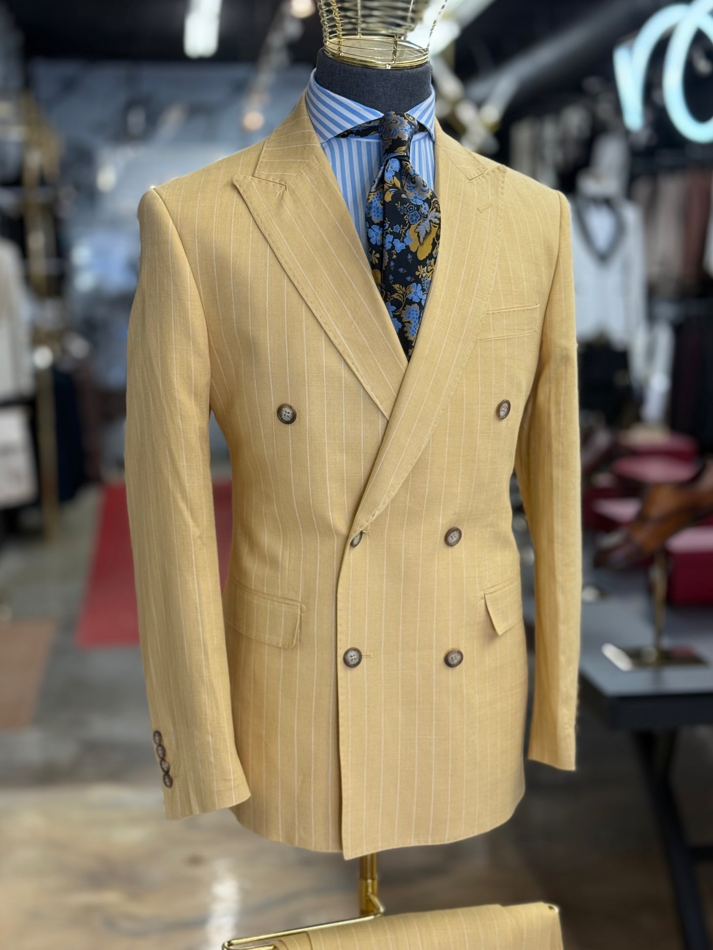 Mustard Pinstripe Double-Breasted Suit 100% Linen
