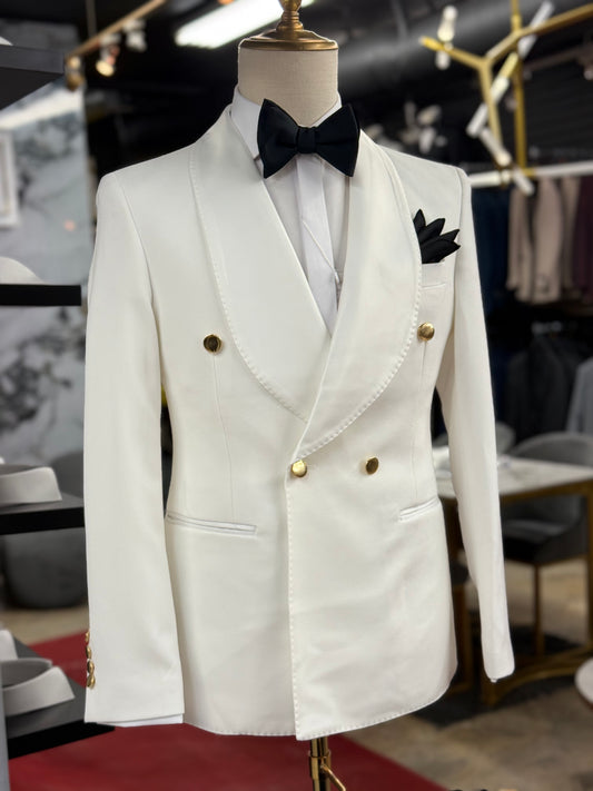 Off White Shawl Lapel & Gold buttons Tuxedo Double Breasted