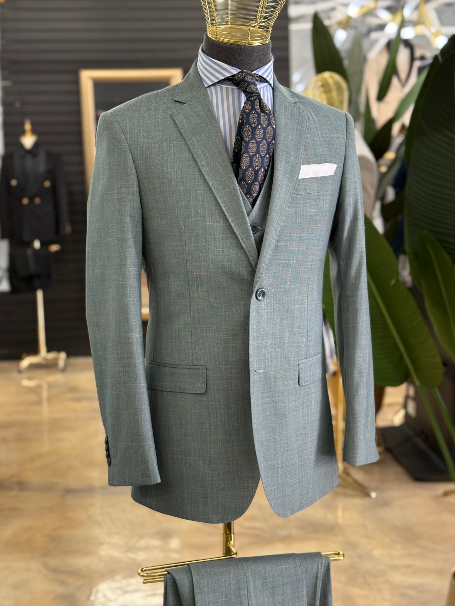 Sage Green Three Pieces Vested Suit