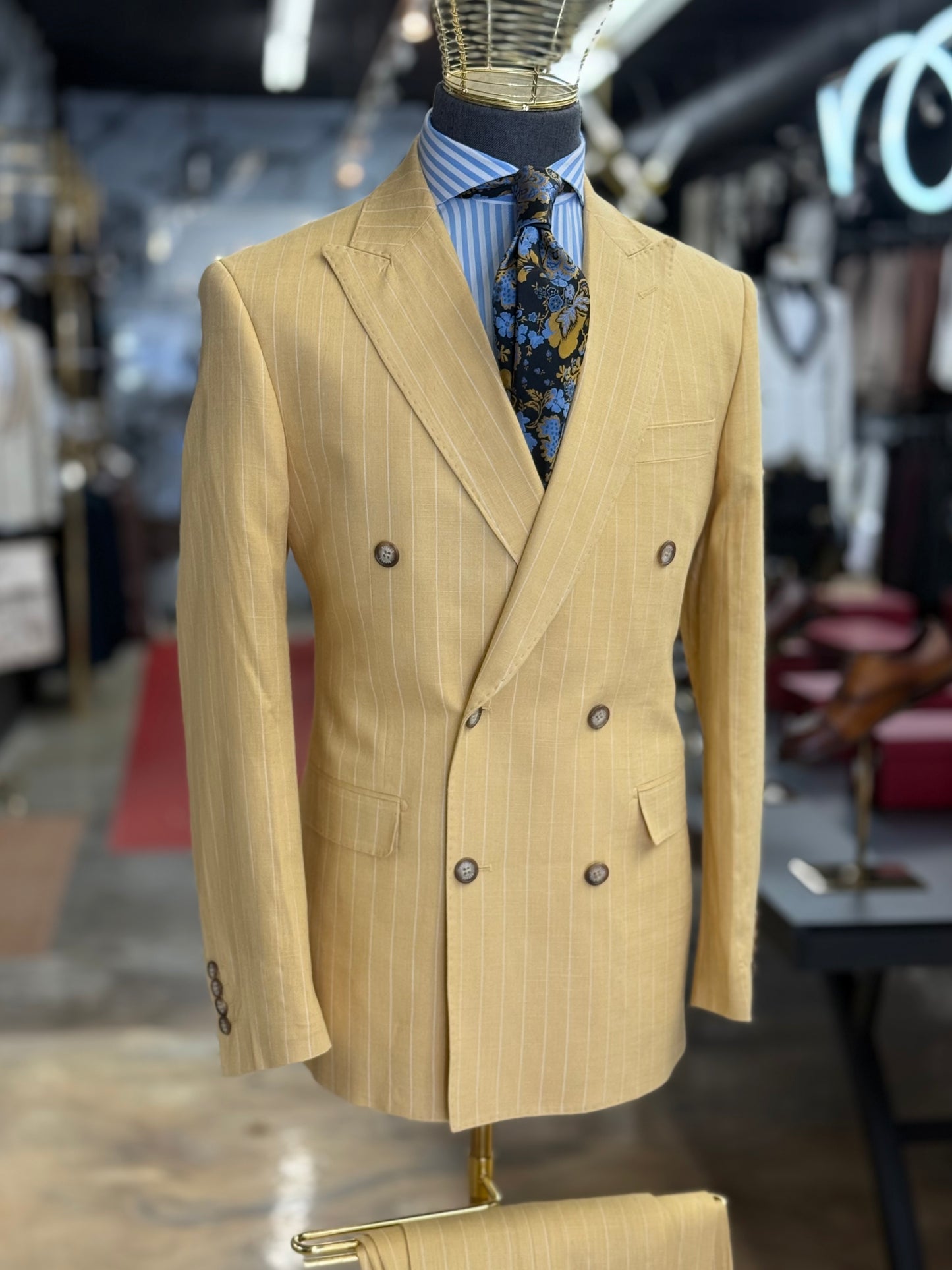 Mustard Pinstripe Double-Breasted Suit 100% Linen