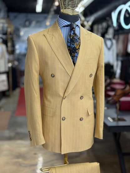 Mustard Pinstripe Double-Breasted Suit 100% Linen
