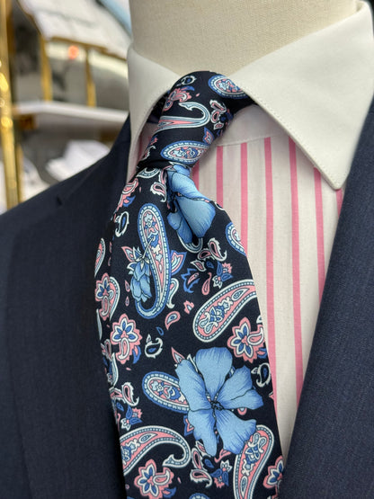 Necktie Big Paisley Mid night blue, Pink
