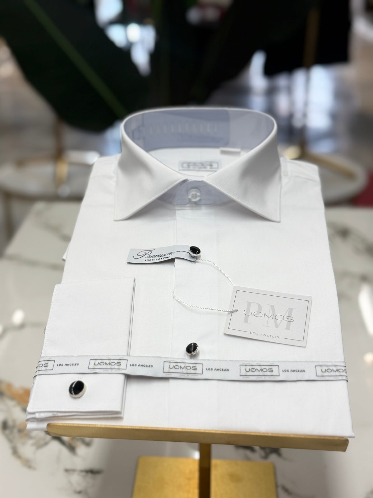 Tuxedo 100% Cotton White shirt, tuxedo buttons, spread collar, french cuffs.