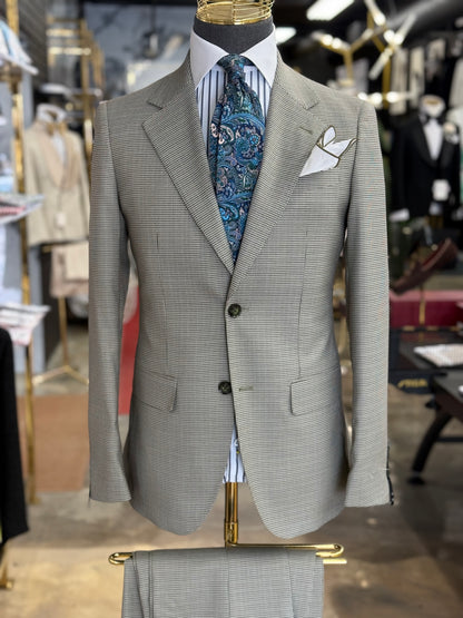 Sage Olive Green Micro Houndstooth Wide Notch Lapel Two Pieces Suit