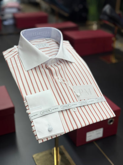 White spread collar / Rust striped cotton shirt slim
