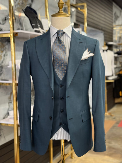 Aqua Teal Three Pieces Wide Peak Lapel Suit