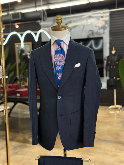 Navy Linen Two Pieces Wide Peak Lapel Suit