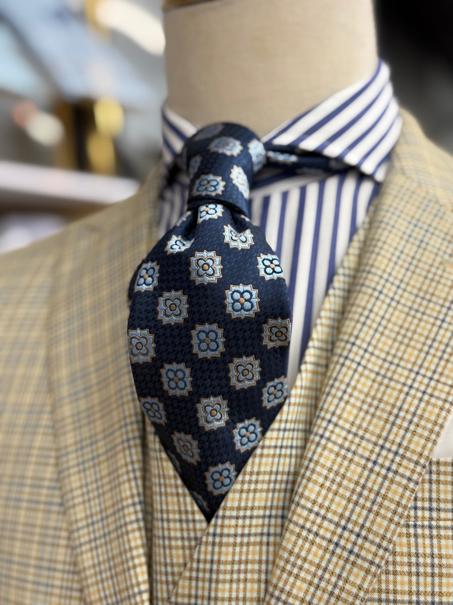 Necktie Navy, ligth Blue and Gold  Medallion