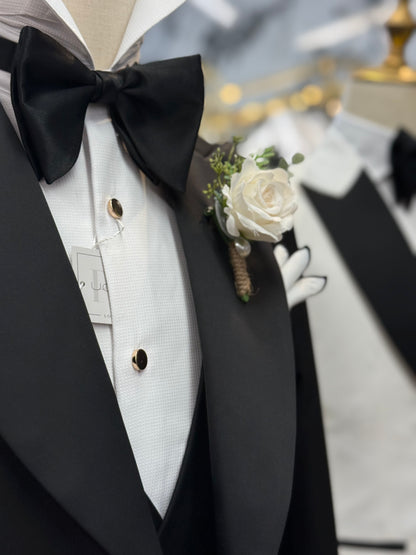 White Cotton Piqué Tuxedo Shirt with Gold Buttons