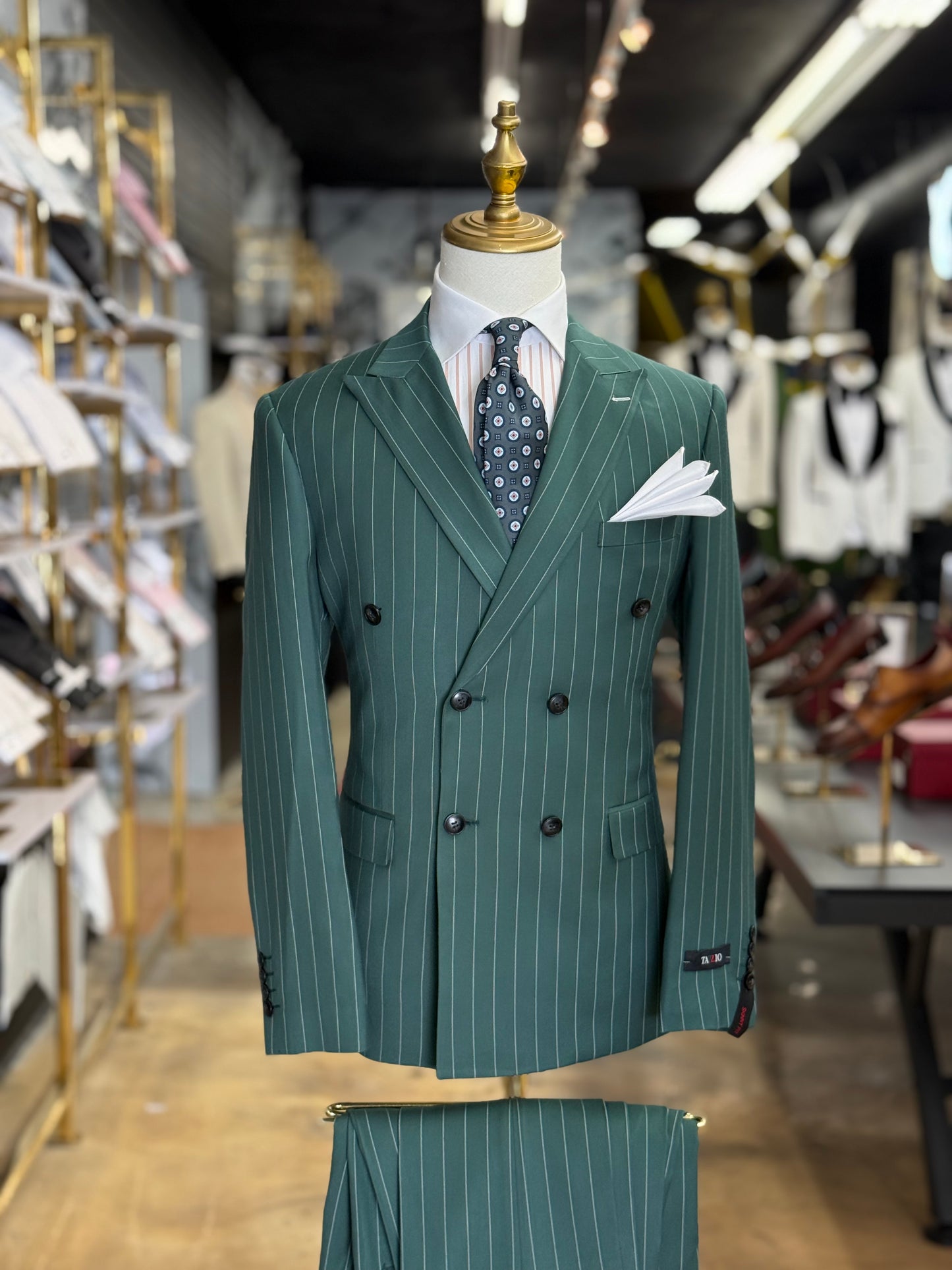 Viridian Green Double-Breasted Pinstripe Suit