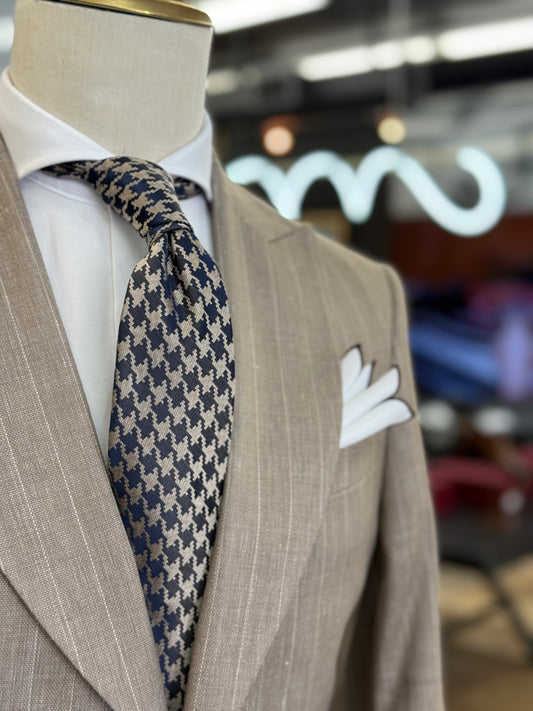 Necktie Taupe champagne and black houndstooth