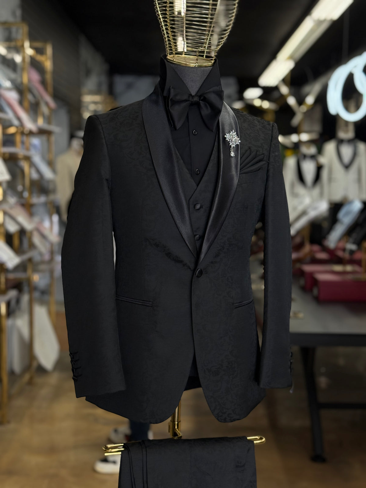 Black on Black Tonal Floral Shawl Lapel Black Tuxedo