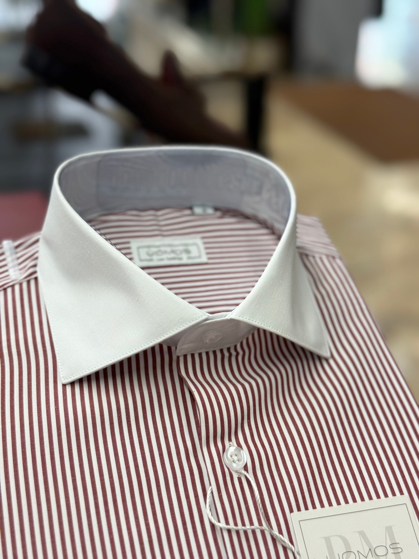 Burgundy Stripe Contrast White Collar Shirt