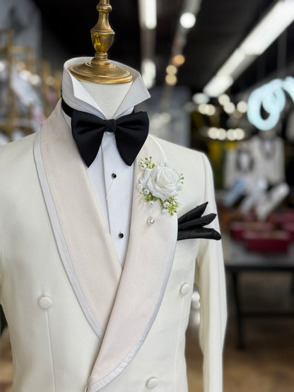 Ivory White Modern Fit Tuxedo Double Breasted Shawl Lapel