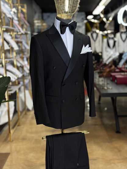 Black Peak Lapel Tone-on-Tone Stripe Double-Breasted Tuxedo