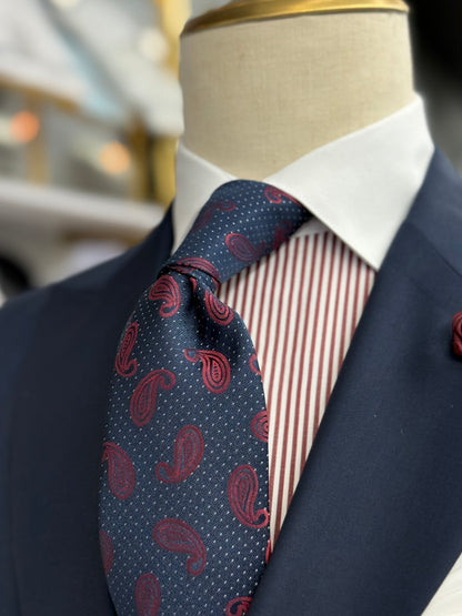 Necktie Midnight Blue Micro Polla dots White and Burgundy Paisley