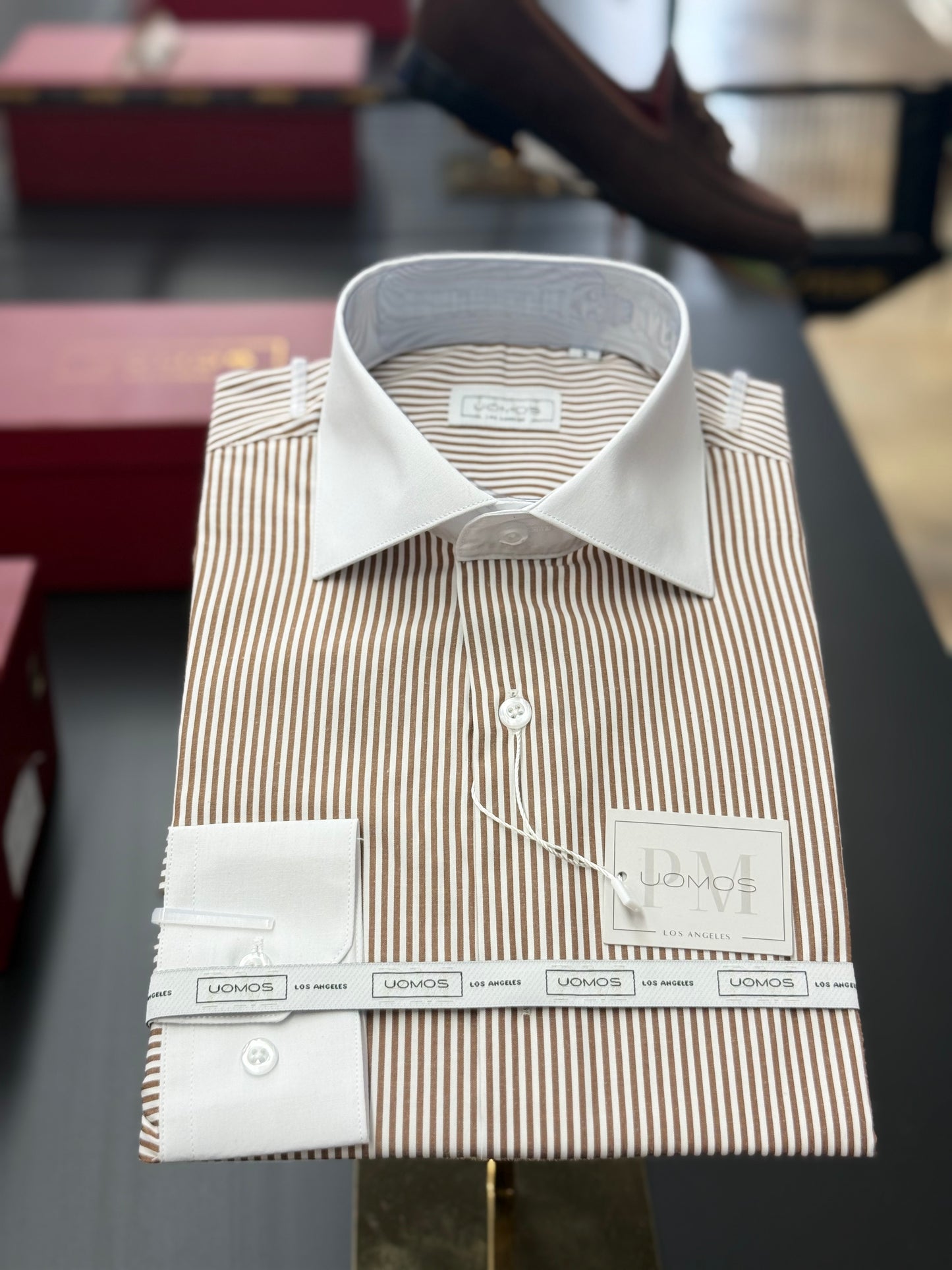 Brown Stripe Contrast White Collar Shirt