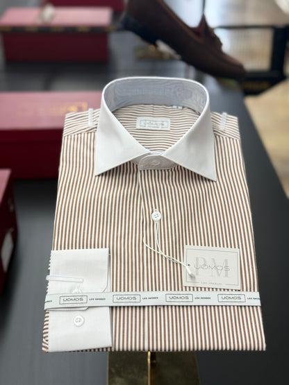 Brown Stripe Contrast White Collar Shirt