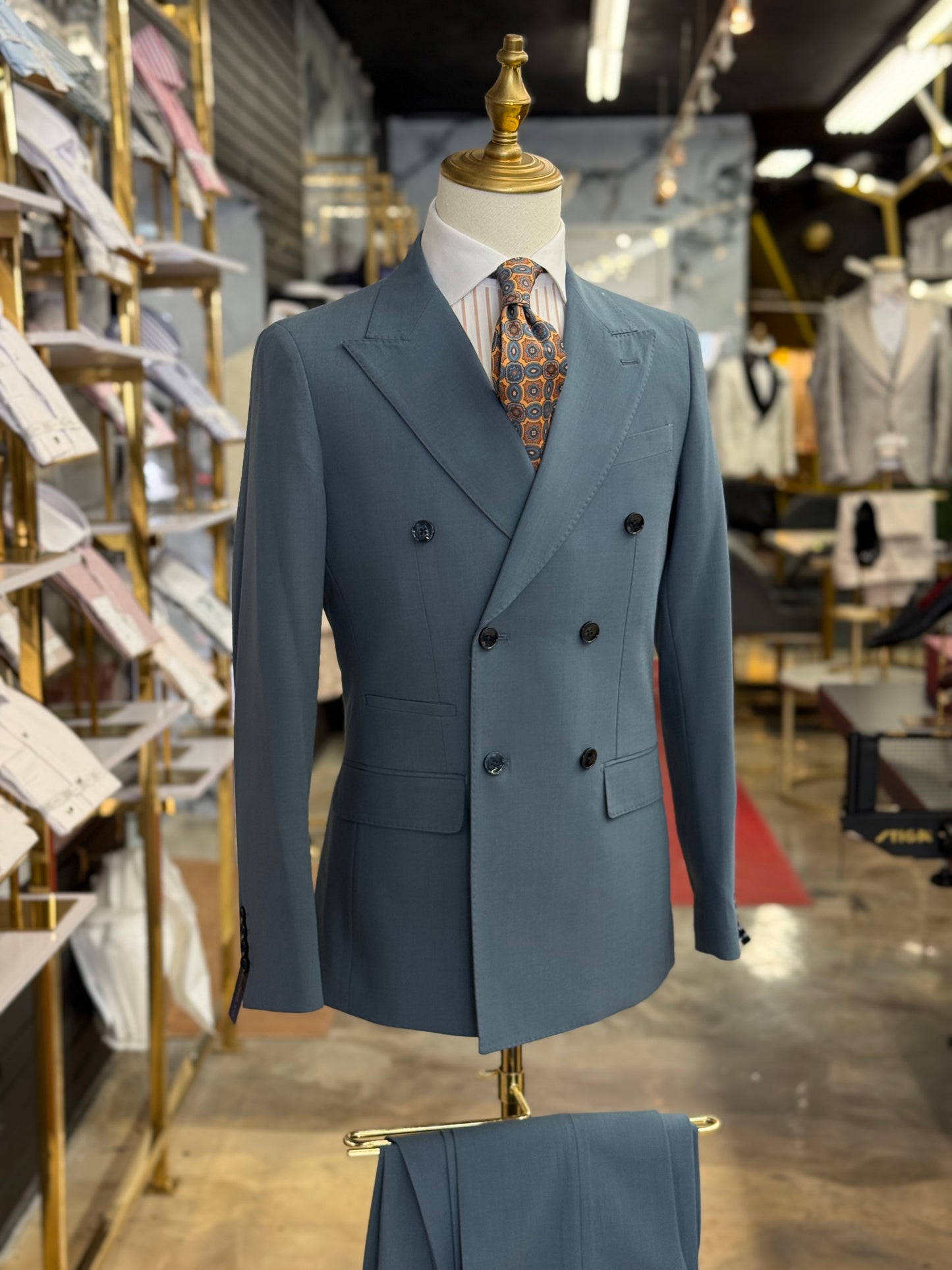Slate Blue Double-Breasted Suit Stretch