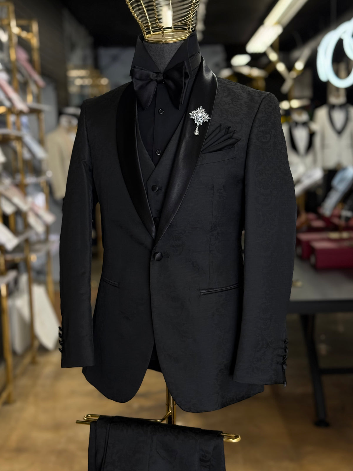Black on Black Tonal Floral Shawl Lapel Black Tuxedo
