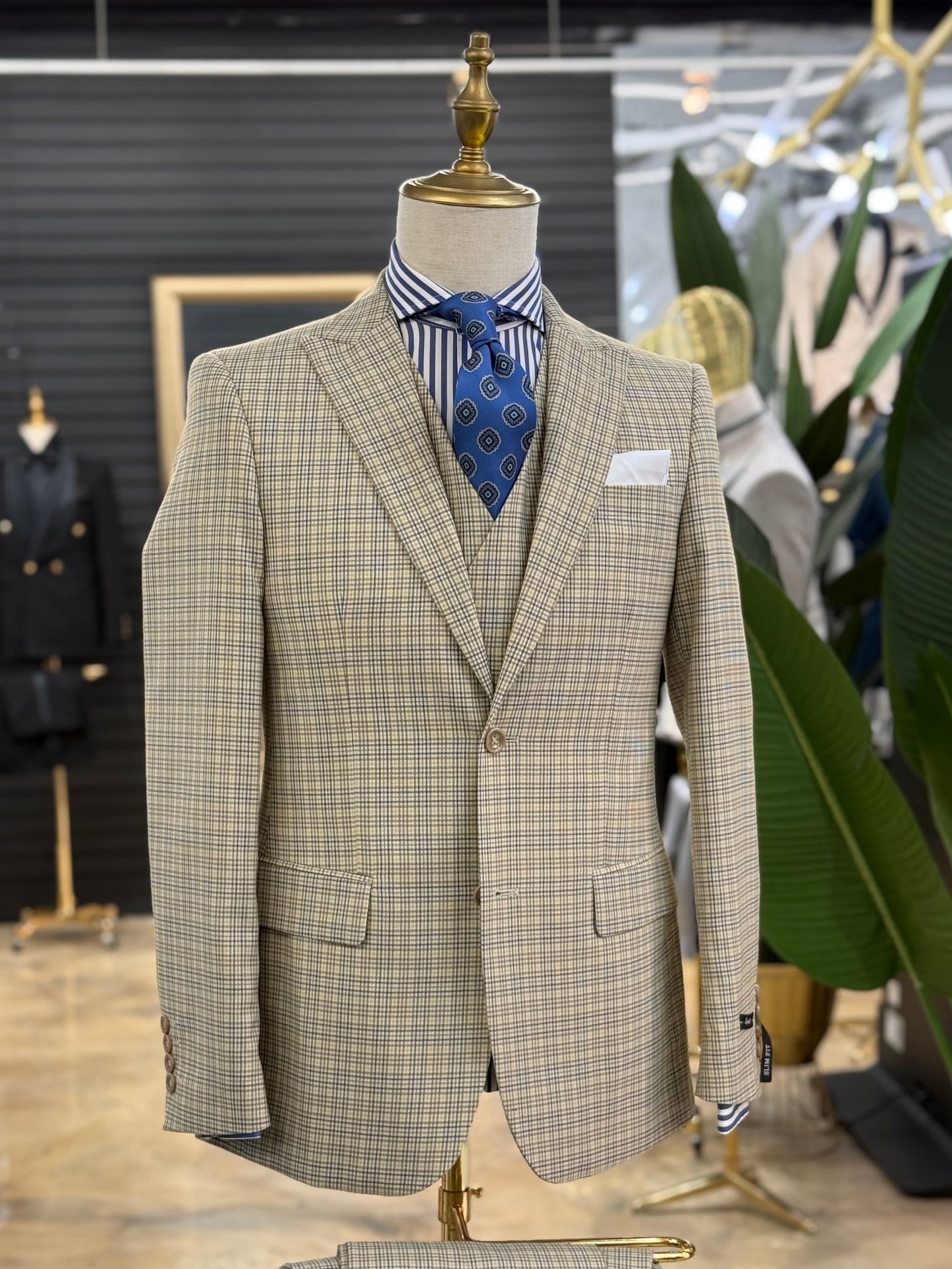 Light Beige with Blue & Brown Check Pattern Three Pieces Vested Suit