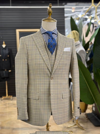 Light Beige with Blue & Brown Check Pattern Three Pieces Vested Suit