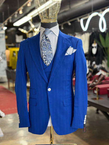 Royal Cobalt Blue Pinstripe 
Wide Peak Lapel Suit