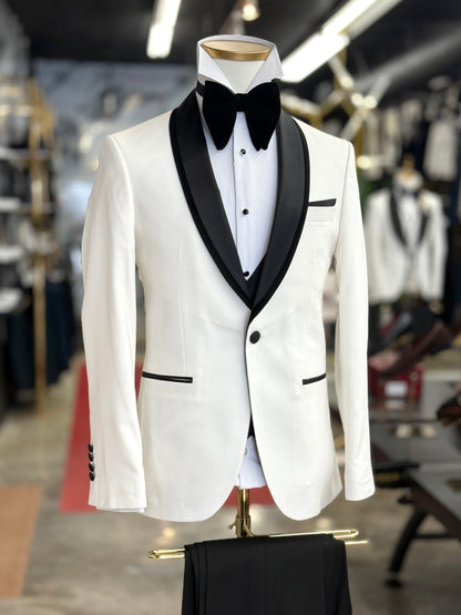 Off White Birdseye Velvet Trim Shawl Tuxedo