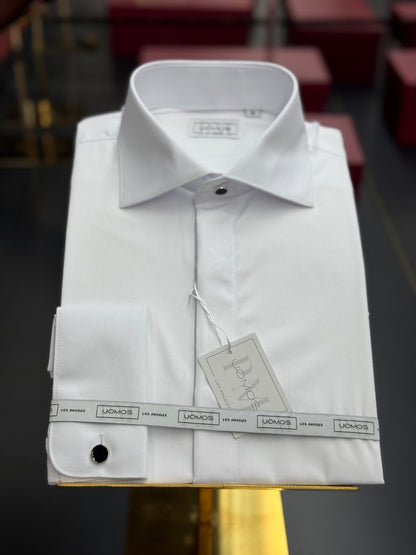 White Tonal Stripe 100% Bamboo Cotton Tuxedo Shirt • French Cuffs